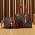 Classic brown monogram tote and small crossbody bag set with red handles and cat charm - Two-Piece Set / Red
