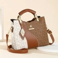 Brown and cream printed tote bag with FIDM logo, contrast stitching and long strap - Style F / White