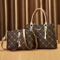 Brown monogram PU leather two-piece handbag set with golden hardware and tassel charm - Two-Piece Set / Champagne