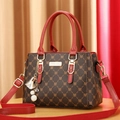 Borsa tote marrone monogramma con manici rossi e tracolla rimovibile da donna - Caffè & Rosso