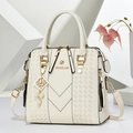 Cream white Boston handbag with pearl metal pendant and lychee woven texture - White
