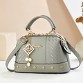 Gray quilted leather doctor bag with pearl charm and gold rivet trim detailing - 25*13*15 / Gray