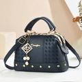 Dark blue textured leather handbag with pearl charm and golden Denifor metal logo detail - 25*13*15 / Blue