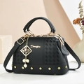 Elegant black lychee leather handbag with pearl charm and golden stud details - 25*13*15 / Black