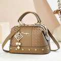Dark brown faux leather handbag with woven texture, pearl charm and gold rivet accents - 25*13*15 / Khaki