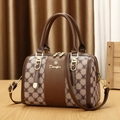Classic Boston bag with brown vintage pattern, top handles and adjustable strap - Khaki and Coffee Monogram Style / Khaki with Coffee