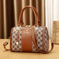 Classic Boston pillow bag with letter print fabric and brown leather straps - Khaki and Brown Monogram Style / Khaki & Brown