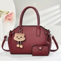 Deep red litchi texture 2-piece tote bag set with adjustable strap and bear charm - Burgundy