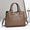 Brown lychee leather handbag with dual handles and gold hardware for daily commuting - Dark Khaki