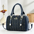 Deep blue tweed Boston bag with golden accents and detachable shoulder strap - Blue