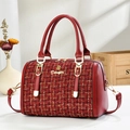 Elegant red tweed boston bag with gold hardware and synthetic leather trim - Wine Red