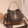 Detail of checkered bucket bag with embossed floral motifs and logo branded shoulder strap - Style 4 Plaid Coffee