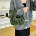 Deep green faux fur plush handbag with unique knotted handle and pleated design - 25*11*16*22 / Green
