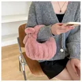 Cute pink plush handbag with ruffle detail and bow handle for winter fashion - 25*11*16*22 / Pink