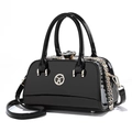 Elegant black patent leather evening bag with diamond clasp and gold chain detail - Black