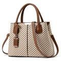 Classic cream handbag with black geometric cross pattern and brown trim details - X-Pattern Khaki