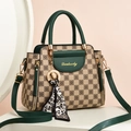 Retro checkered tote bag in brown and green with leopard scarf detail and top handle - Green