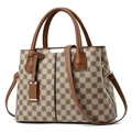 Vintage checkered tote bag with floral patterns, dual handles and detachable shoulder strap - Checkerboard Khaki