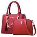 Elegant red faux leather handbag set with tote, crossbody bag, and cat pendant charm - Burgundy