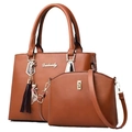 Brown faux leather tote and crossbody bag set for women with metal cat tassel charm - Khaki/Earth Yellow