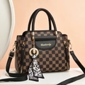 Retro plaid tote bag in black and brown with floral patterns and a leopard silk scarf - Black