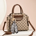 Brown vintage PU tote bag with checkered pattern and decorative silk scarf accessory - Khaki