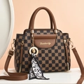 Retro checkerboard tote bag in black and brown with a leopard print scarf accent - Coffee