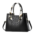 Elegant black embroidered leather handbag for women with silk scarf and gold hardware - Black