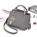 Dark grey lychee textured crossbody bag with metal handle and geometric stitching - Dark Gray
