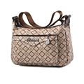 Vintage Umhängetasche in Beige mit Kleeblatt-Print und braunem Stoffgurtband - Heller Pflaumenblüten-Stil