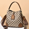 Borsa a secchiello vintage a scacchi beige e marrone con tracolla larga in tessuto logo - Cachi a Quadri