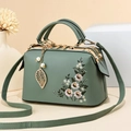 Floral embroidery top handle handbag in sage green with golden leaf charm decoration - Green