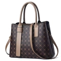 Sac à main structuré marron foncé avec motif monogramme et poignées contrastées beige - Café