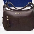 Dark brown leather shoulder bag with crocodile texture and golden logo tag - Coffee