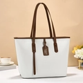 Minimalist large white tote bag with brown leather handles and lychee texture - White