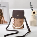 Sac bandoulière vintage pour téléphone en marron et kaki avec chaîne perle et ours - Khaki/Café