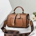 Bolso Boston marrón de piel sintética con logo grabado y correa ancha de tela tejida - Caqui / 21*11*13
