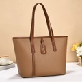 Minimalist large brown tote bag with lychee texture and deep brown handles for women - Dark Khaki