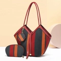 Three-piece tote bag set with red, orange, and grey vertical stripes and woven texture - Large Capacity 3 Piece Set / Red and Black