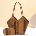 Three-piece women's tote bag set with striped woven fabric and brown leather trim - 38*12*29*13 / Brown