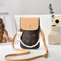 Vintage floral crossbody phone bag with pearl handle and pink bear charm detail - Coffee & Yellow