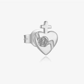 S925 sterling silver heart cross stud earring with rose relief and matte finish - Heart Cross Rose Style - Silver (MME1236-S-1)