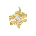 Minimalist irregular gold ring with emerald cut zircon and lava textured finish - 18K Gold (Clear Stone)