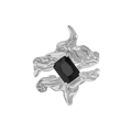 Irregular textured S925 silver open ring with a rectangular black zircon gemstone inlay - White Gold (Black Stone)
