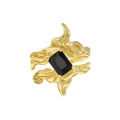Irregular textured gold ring featuring a rectangular black zircon gemstone - 18K Gold (Black Stone)