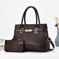 Faux crocodile leather handbag set with gold hardware in a dark brown glossy finish - 30x13x22cm / Coffee