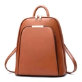 Detailed view of brown leather backpack featuring golden metal trim and dual zippers - 26x12x31x8cm / Earthy Yellow