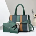 Three-piece dark green striped tote bag set with matching wallet and card holder - Three-Piece Set / Green
