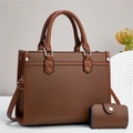 Detail of brown litchi pattern tote bag featuring gold hardware and matching pouch - Brown
