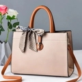 Elegant beige crossbody handbag with brown handles and a patterned silk scarf decoration - 30x13x22cm / Khaki